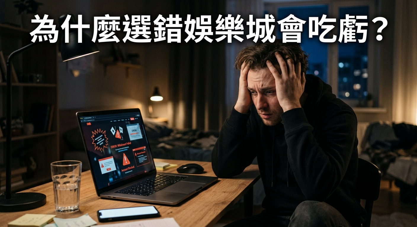 一位男性坐在電腦前雙手抱頭、表情十分沮喪，螢幕上顯示著跳出警告與錯誤訊息的娛樂城網站。