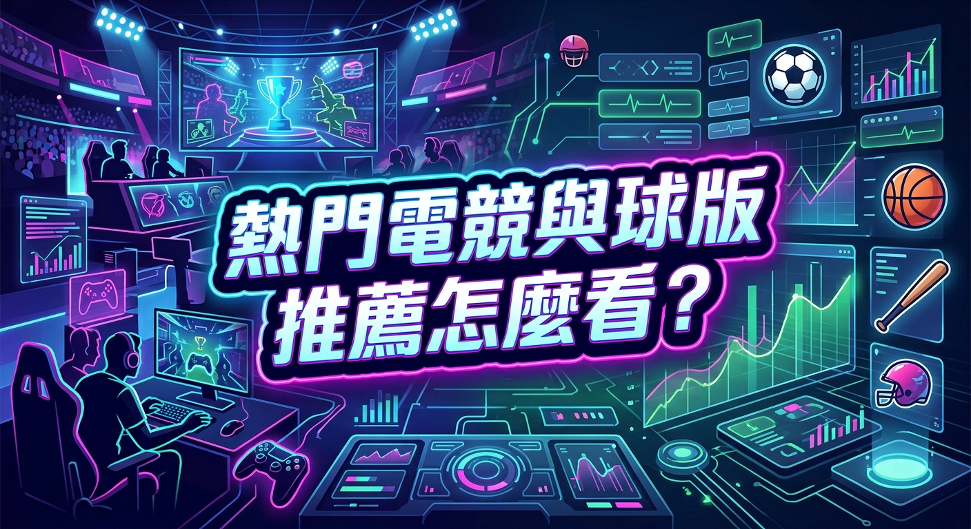 這張圖片以充滿霓虹科技感的風格為背景，融合了電競設備、體育圖示與數據面板等豐富元素。 畫面正中央以醒目的發光字體呈現唯一的文字焦點：「熱門電競與球版推薦怎麼看？」。
