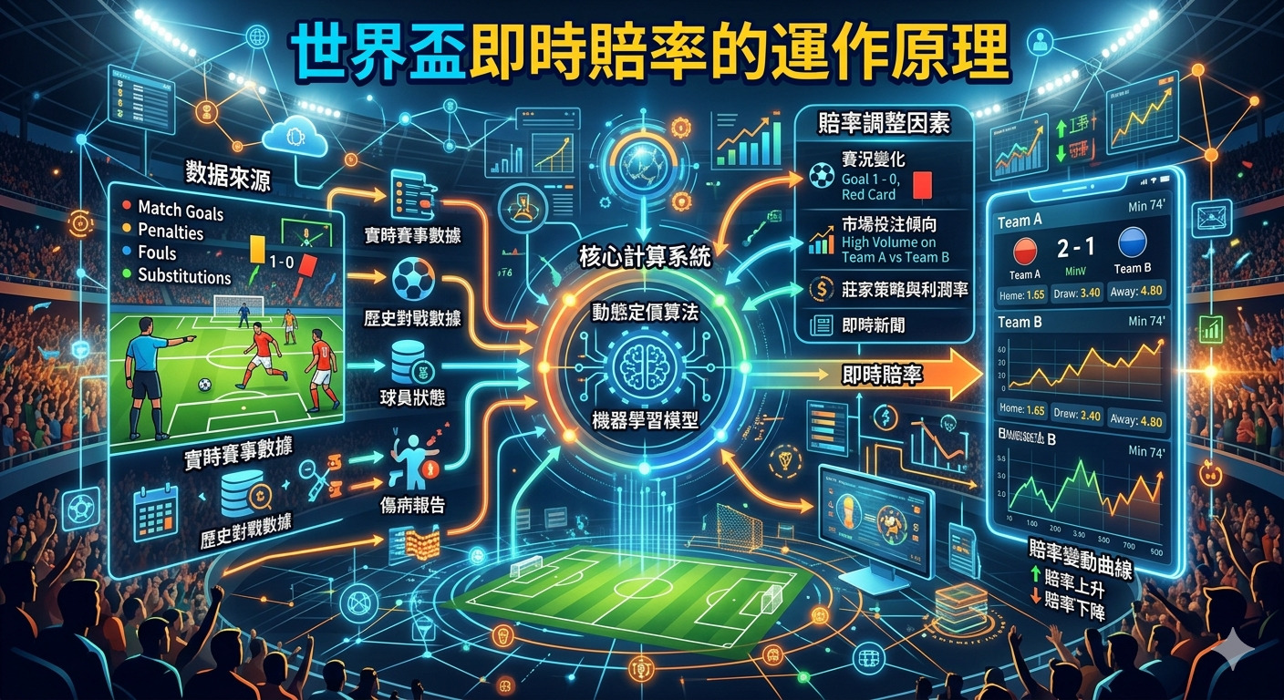 這張圖像以科技風格呈現世界盃即時賠率的運作原理,並在畫面頂部標註了主題。 畫面中展示了數據輸入、核心計算系統及賠率動態調整的過程,清楚地說明了賠率如何隨賽況即時變化。