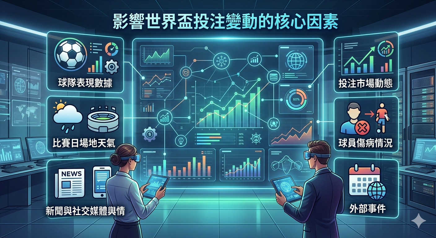 這張圖片展示了專業分析師在科技化控制室中,運用大數據分析影響世界盃投注變動的各項核心關鍵因素。 畫面上方標示著「影響世界盃投注變動的核心因素」,並透過圖表整合了球隊數據、天氣、市場動態與外部事件等資訊。