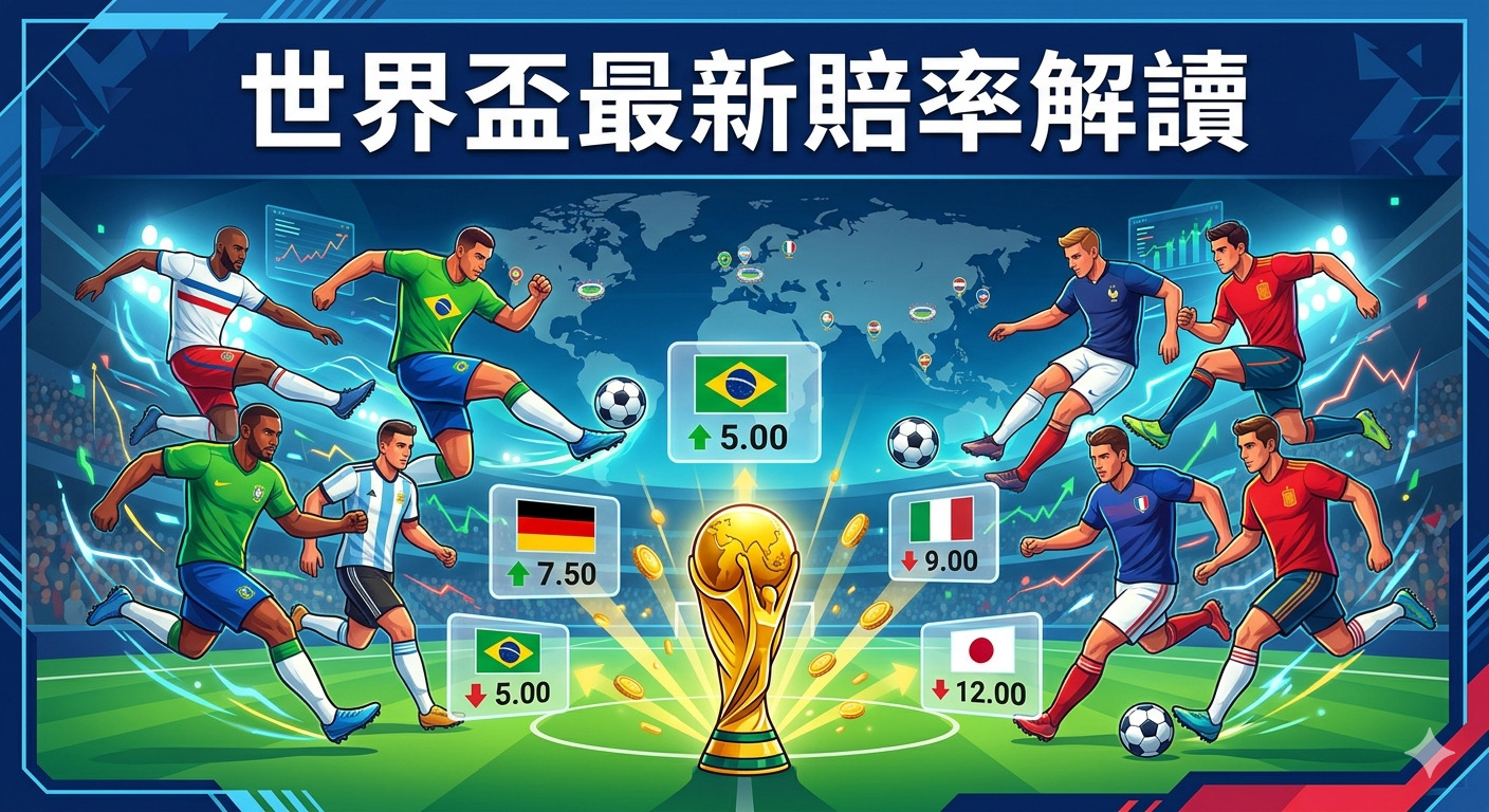 這張圖片展示了足球運動員在體育場進行比賽,並結合了世界盃獎盃與各國球隊的賠率資訊。 圖像上方以醒目的字體標題「世界盃最新賠率解讀」點出主題,呈現出專業的賽事分析氛圍。